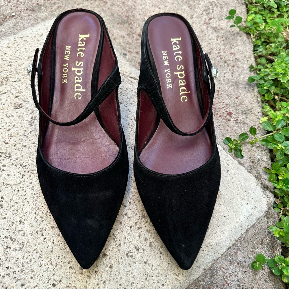 Kate Spade Women's Black Suede Slip On Pointed Kitty Heels Shoes Size 10